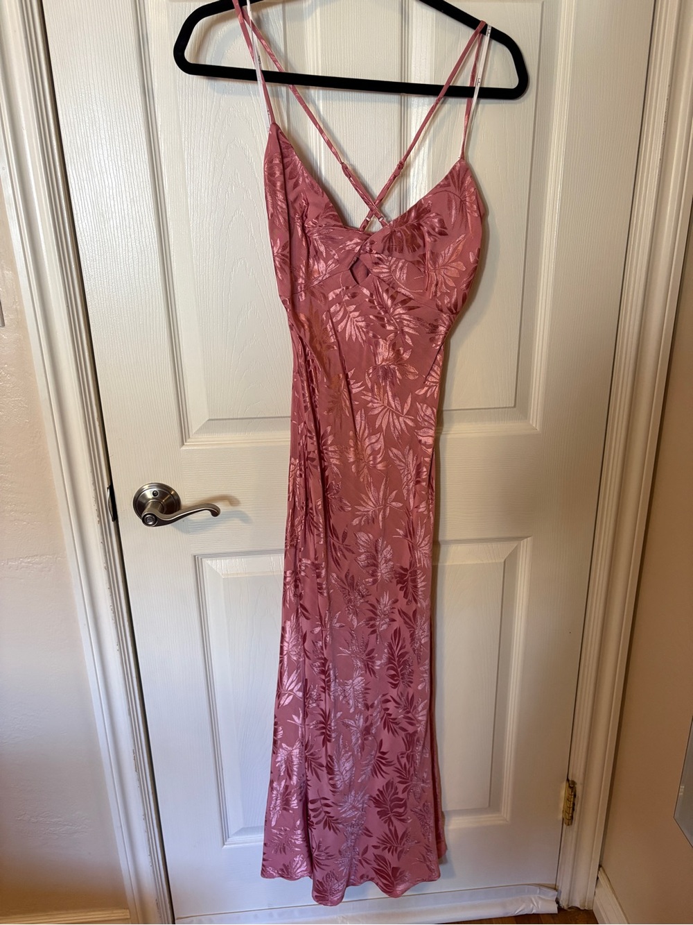 Rose Pink Satin Slip Dress with Tropical Jacquard
